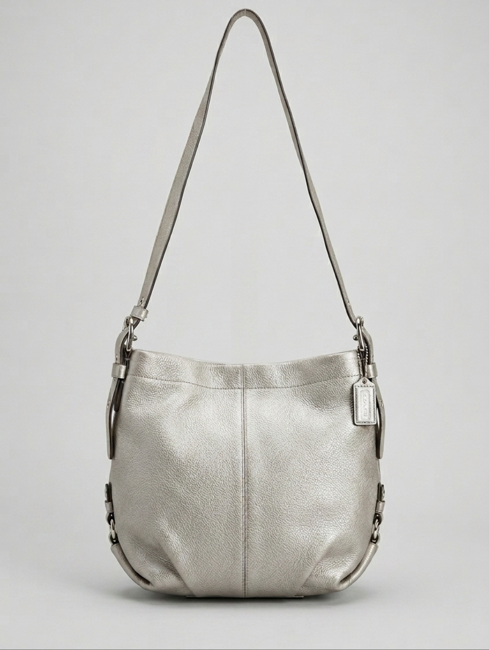 Coach Metallic Silver Leather Duffle Hobo Purse Lavender Color Inside